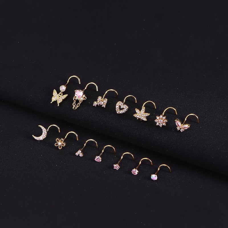 Drperfect Gold Silver Nose Rings Nose Studs for Women Nose Piercings 20G L Shaped Corkscrew Dangle Nose Rings Studs Simulated Diamond Pink CZ Opal Dangling Dangly Hanging Nose Piercing Jewelry with Heart Star Butterfly Flower Cross Moon Charm Cute Dainty Nose Jewelry - Image 2